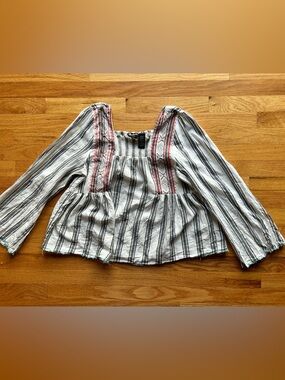Wrangler Cream and Black Striped Peasant Blouse with Pink Embroidery